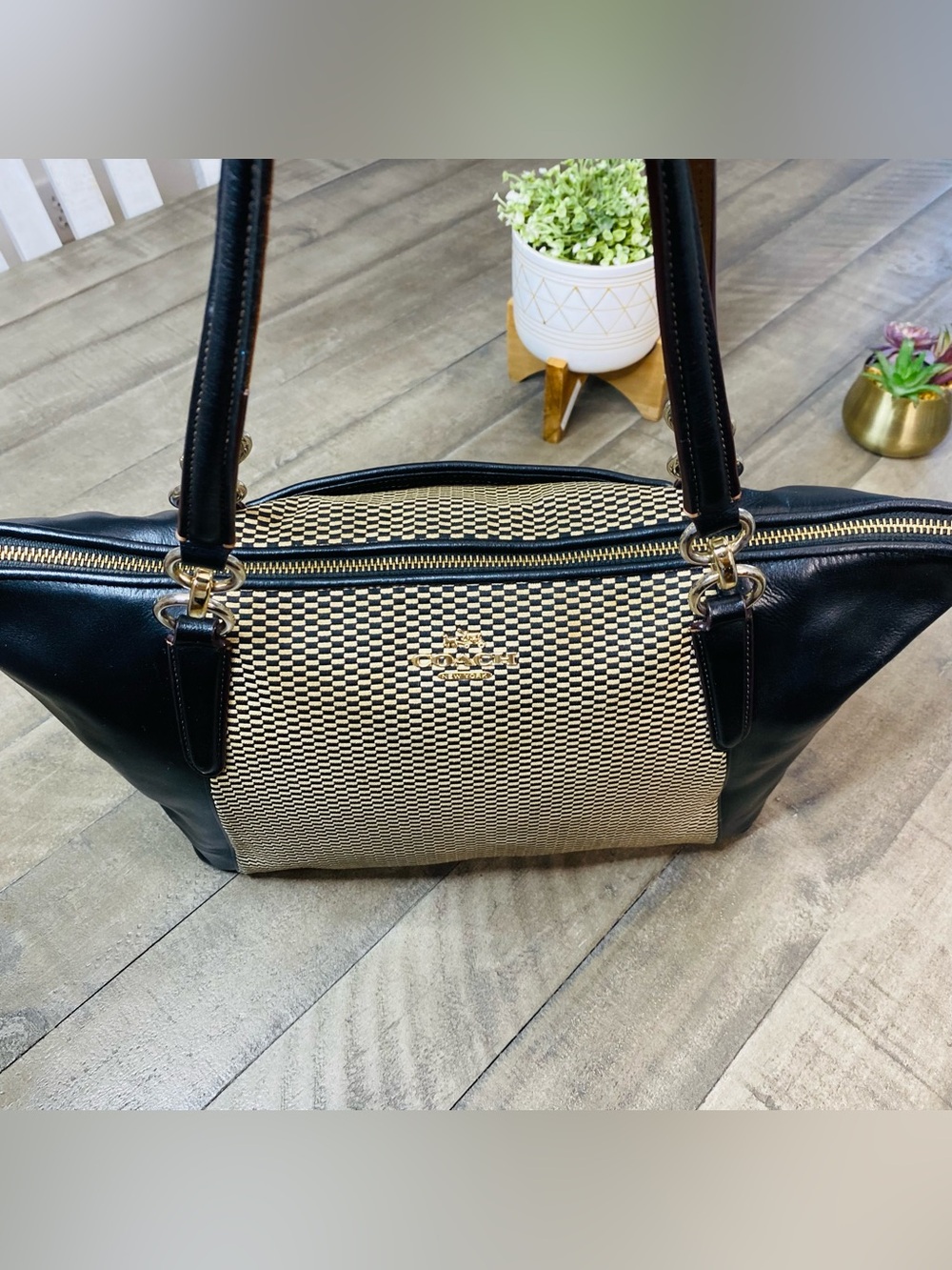 COACH F57246 Legacy Exploded Jacquard Ava Tote Bag Black Leather Cream Woven - Picture 8 of 10